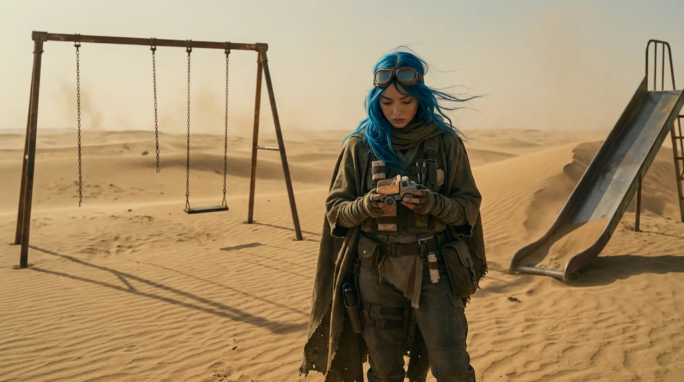 Aika's hands, gloved and weathered, cradle the CORE7 rig, her breath visible in the cold desert air. Her blue hair, a stark contrast to the desolate surroundings, blows in the wind as she stands before the rusted swing set and slide, the metal's acrid smell mingling with the dusty air. The sand beneath her feet, a constant reminder of the world's transformation.