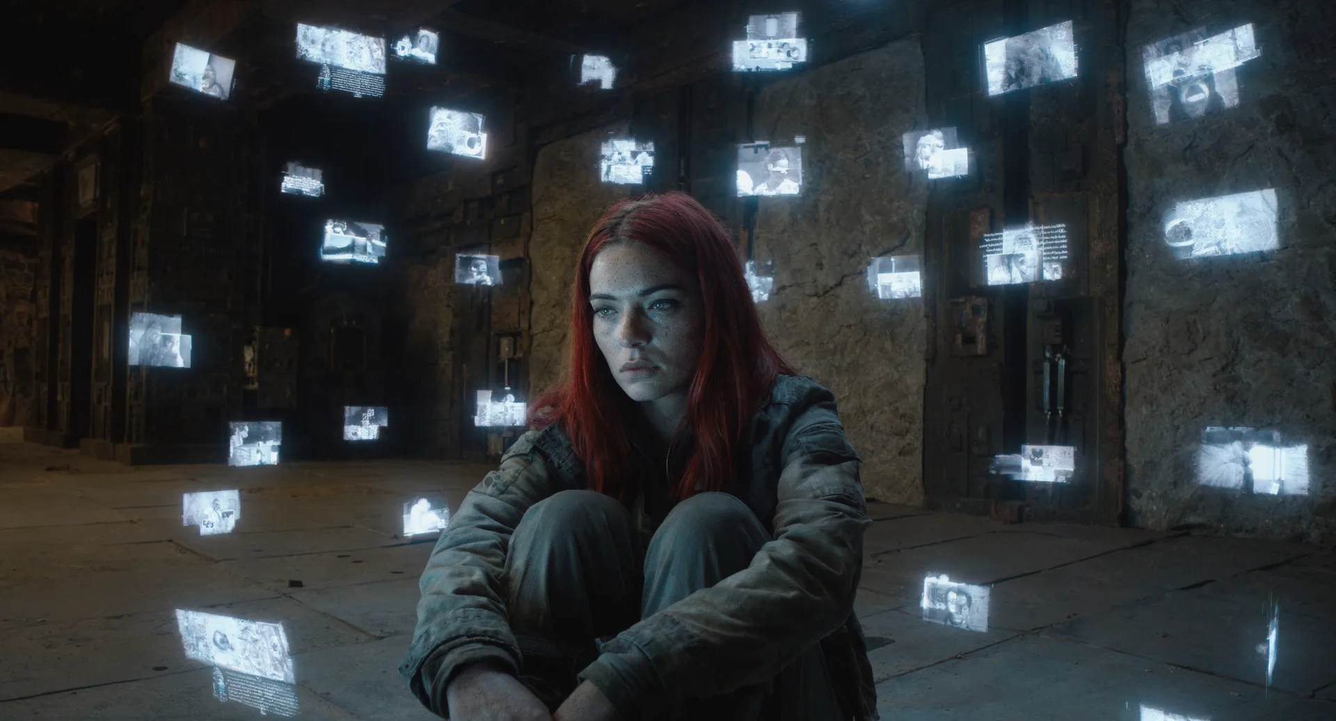 Aika sits on the floor, her eyes gazing into the distance as if lost in thought. The dimly lit space, with its stone walls and flickering screens, seems to stretch on forever, a testament to the vast expanse of time and space that separates her from the Polyák family she's searching for. Her breath is steady, a reminder that even in the harshest of environments, there's still a glimmer of hope.