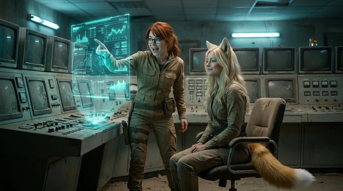 Aika and Akari sit in a dimly lit, dusty room, surrounded by rows of old computer screens and consoles. Aika points to a holographic display projected from her portable CORE7 rig, while Akari looks on with interest. The air is thick with the smell of metal and dust, and the only sound is the hum of the equipment.