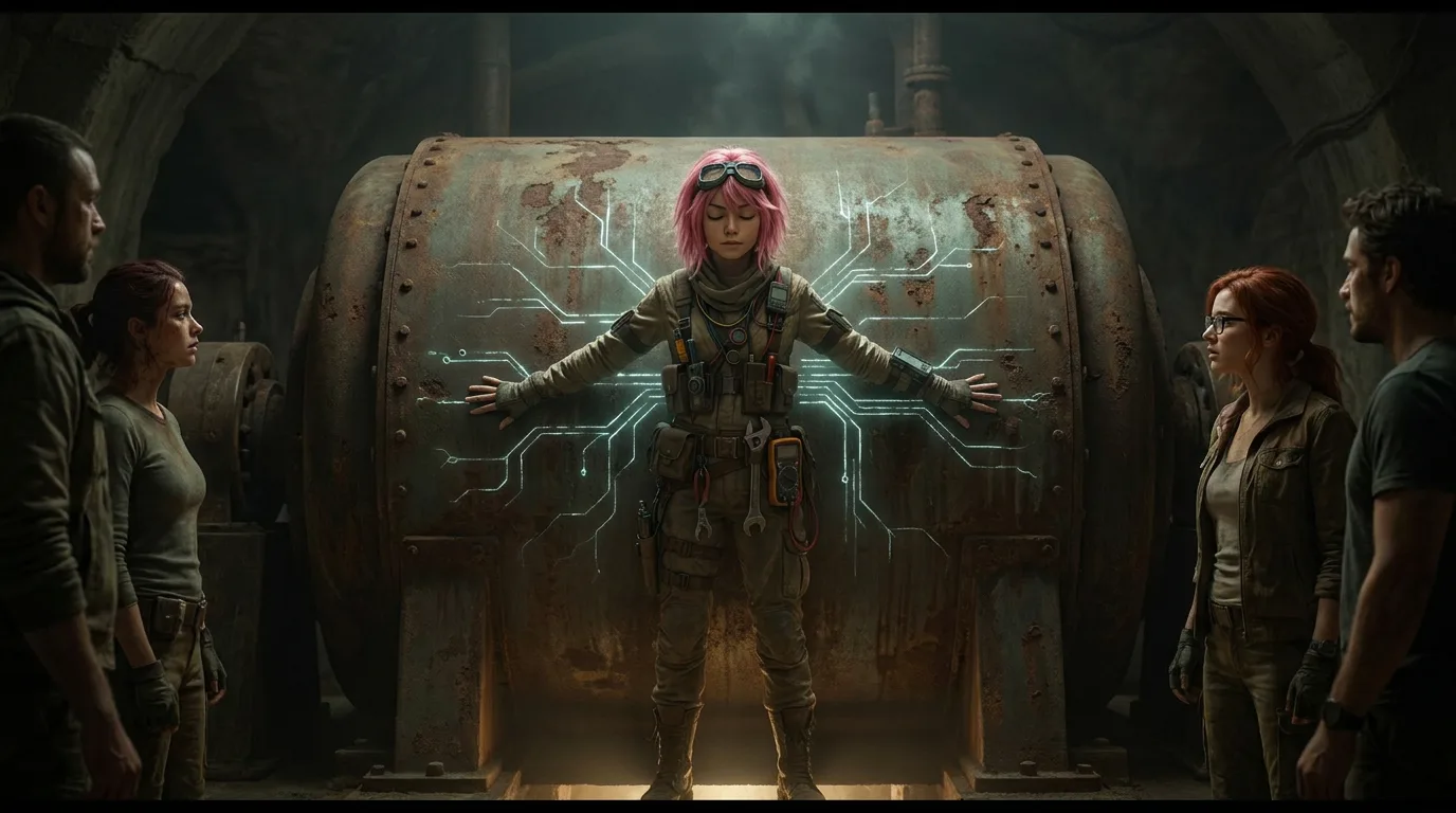 Aika stands before a rusted, cylindrical metal object, her eyes closed as she broadcasts a signal with her CORE7 rig. The crew gathers around, their faces illuminated by the faint hum of the equipment. Akari's eyes are fixed on the object, while Rika's gaze lingers on Aika. Yui's hands hover over the rig, sensing the energy emanating from it. The air is thick with anticipation, the only sound the soft hum of the CORE7.