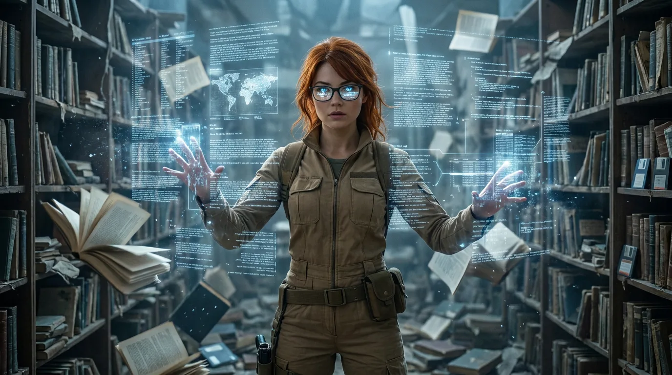 A red-haired woman stands amidst a library's wreckage, her hands suspended in mid-air, surrounded by a swirling vortex of data and text. Hina's bio-sensor hums softly, while Komi's turbo-mode analyzes a 300-year-old can sample, and Miyu's playback drops into the final moments of others, their stories unfolding like a tapestry of memories.