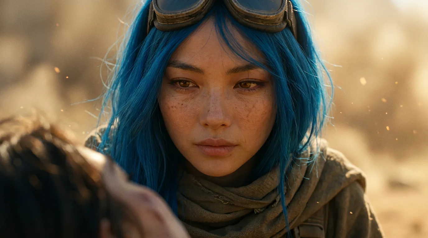 Aika's breath catches as she gazes into the camera, her eyes weary from the desert's harsh light. The CORE7 rig hums softly, a reminder of her crew's quest to find the Polyák family. Her blue hair, a stark contrast to the dusty landscape, frames her face, and the wind whispers through the metal, carrying the scent of sand and decay.