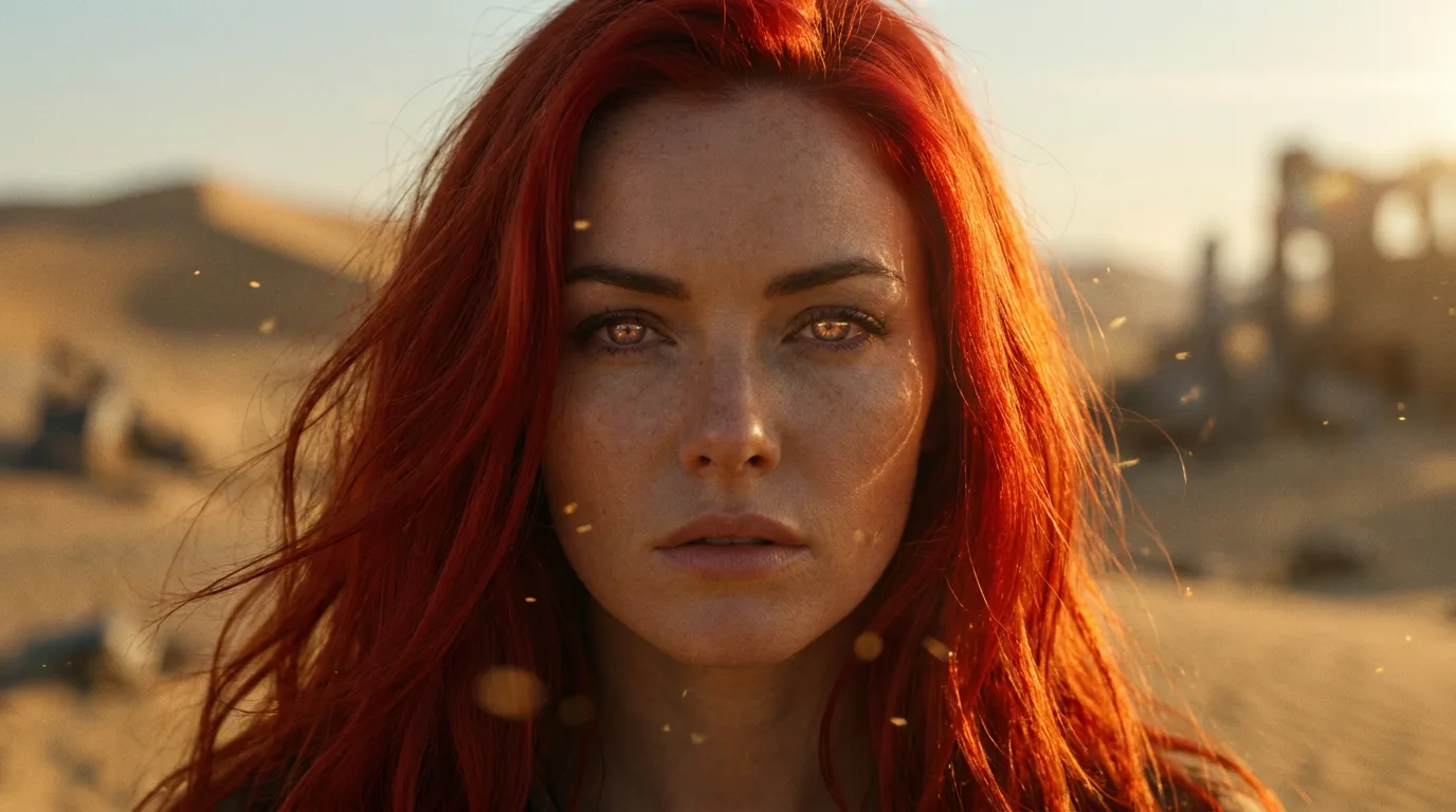 Aika's breath is visible in the chill air as she looks down at the CORE7 rig, her eyes squinting against the desert sun. The sand beneath her feet is cool, and the metal smell of the rig's components is sharp. She adjusts the rig, her fingers moving with practiced ease, as she prepares to broadcast their message to the Polyák family, her hope and longing for connection with them evident in her expression.
