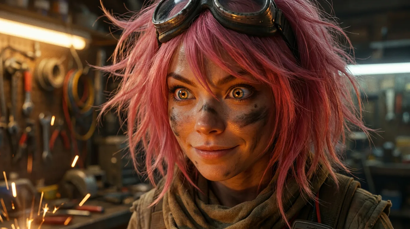 Aika's eyes, a deep amber, flicker with a mix of determination and melancholy as she gazes into the CORE7 lens. Her pink hair, a vibrant splash in the desolate wasteland, is tousled and worn, a testament to the harsh conditions she's endured for 300 years. The portable rig's hum is a constant companion, a reminder of her quest to find the Polyák family amidst the ruins of Earth.