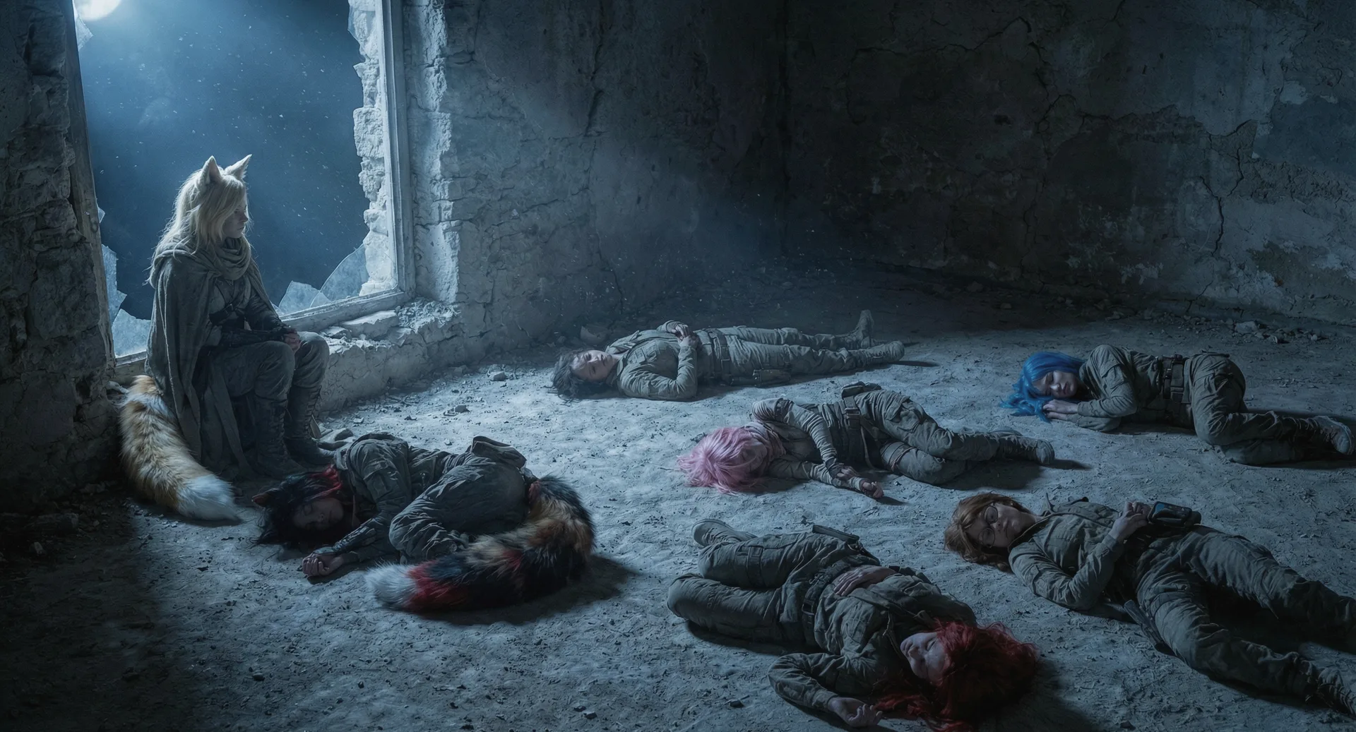 Aika sits, her fox-like ears perked, tail bushy, as the group rests, their hybrid bodies worn from the endless search for the Polyák family. The cold metal hums, a reminder of their journey through the post-nuclear wasteland. The weight of 300 years hangs heavy, yet they press on, driven by hope and the promise of a new beginning.