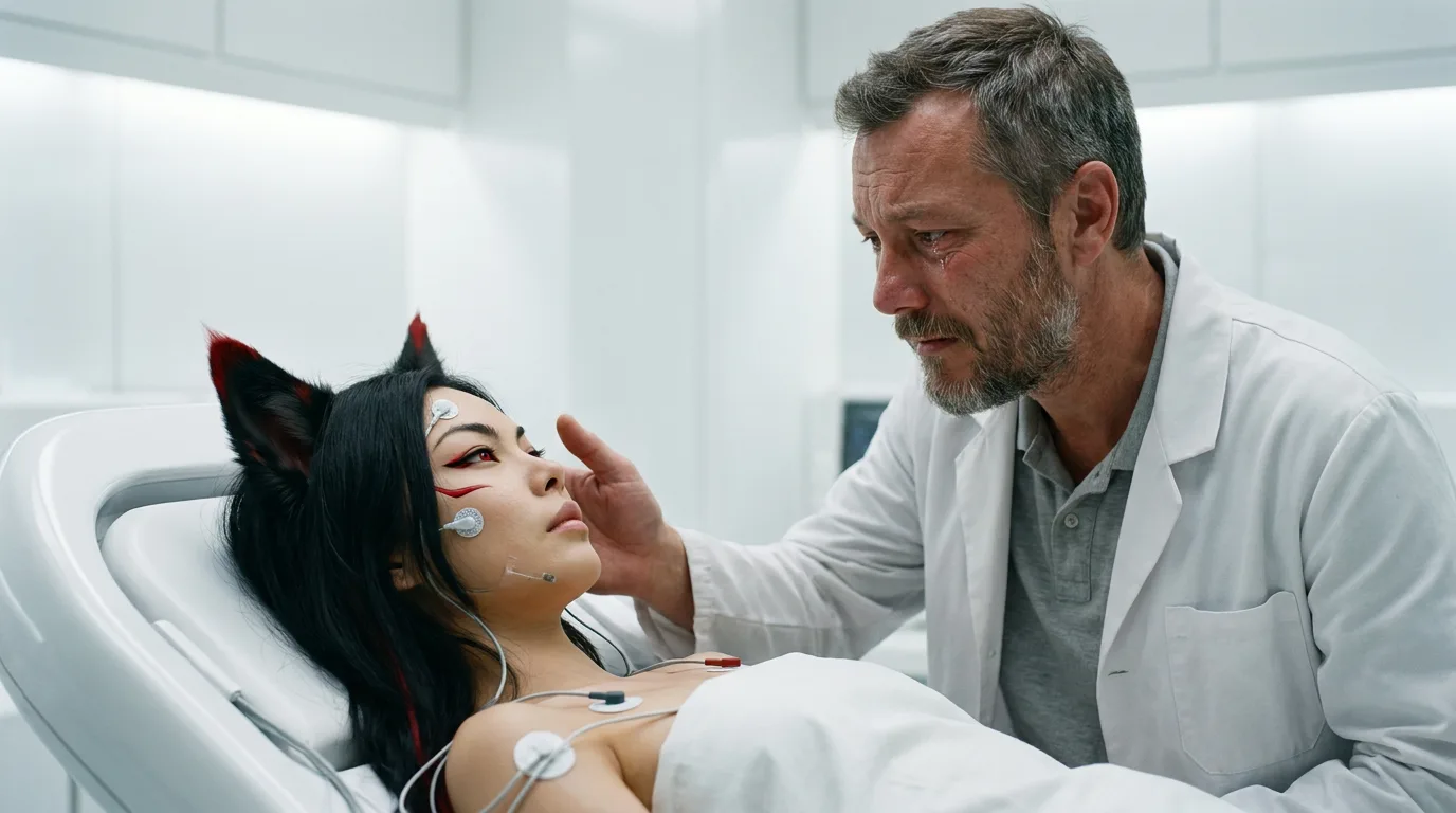 Aika's eyes, red from the desert's dust, follow the man's hands as he gently touches Akari's face. Akari's eyes, once bright, now dim with fatigue, her breath heavy in the stillness. The man's white lab coat a stark contrast to the cool metal of the MAMA bunker's interior, the only sound the hum of the machinery and the soft rustle of the desert wind outside.