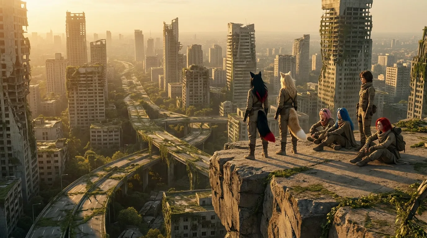 Aika stands on a cliff, her breath visible in the chill air, as she surveys the desolate landscape with Rika by her side. The metal assembly, a relic of a bygone era, casts a long shadow, a reminder of the world that once was. The crew's weary eyes are fixed on the horizon, their hearts heavy with the weight of their search.