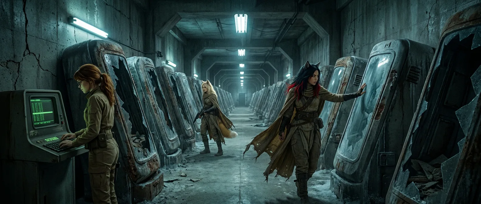 The dimly lit hallway, a labyrinth of shattered dreams, stretches out before Aika and her companions, its metal walls a testament to the passage of time. The air is heavy with the weight of loss, the scent of rust and decay hanging over the trio like a shroud. Akari's eyes, like two bright stars in the darkness, scan the horizon, while Rika's gaze lingers on the distant figure, a ghostly apparition from a world that once was.