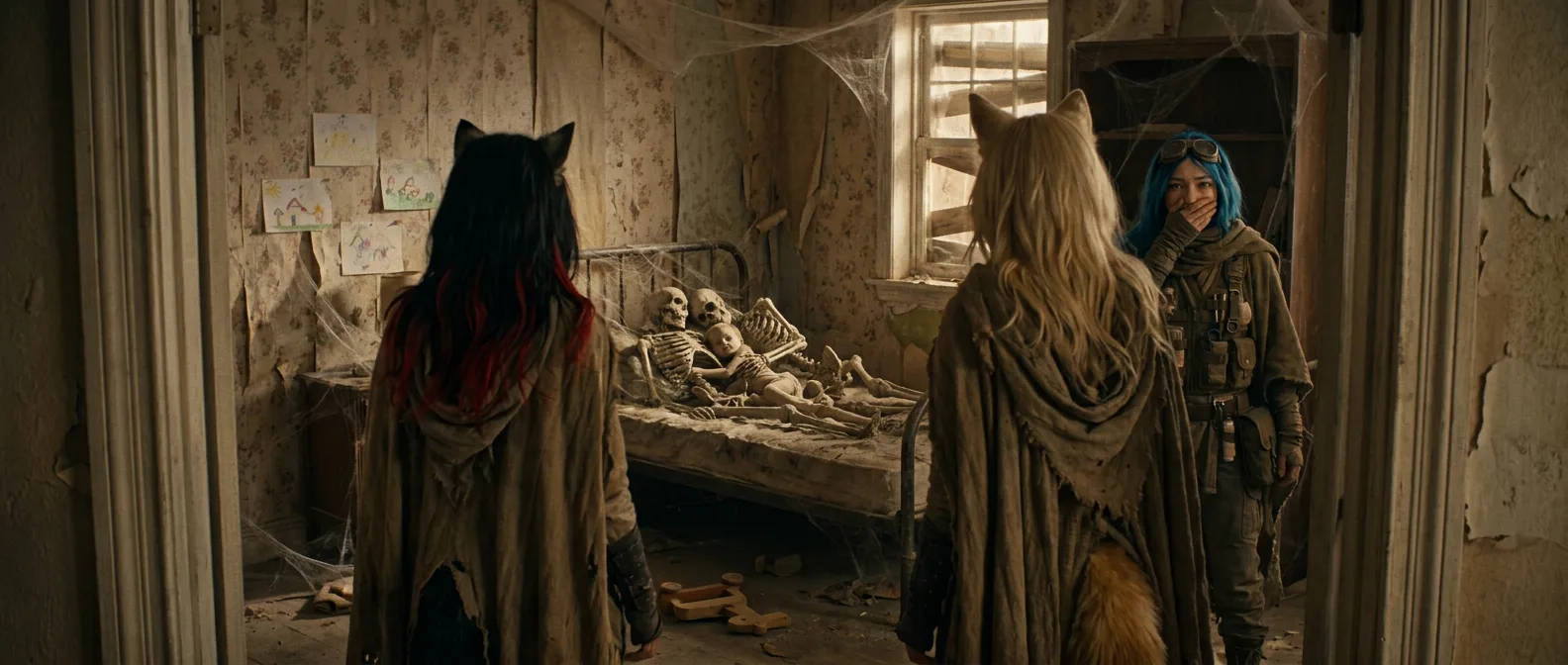 The sun sets on the wasteland, casting long shadows behind the skeletal remains of a bed, the only furniture in the room. Aika and Miyu stand together, their eyes fixed on the horizon, where a lone figure stands, gazing back at them with a mixture of sadness and longing. The air is heavy with the weight of time, and the silence is palpable.