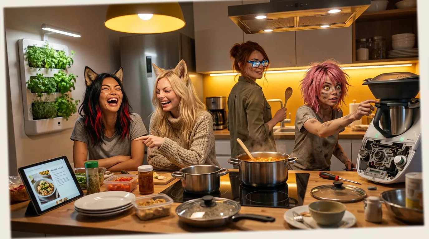 In a modern kitchen three women are preparing