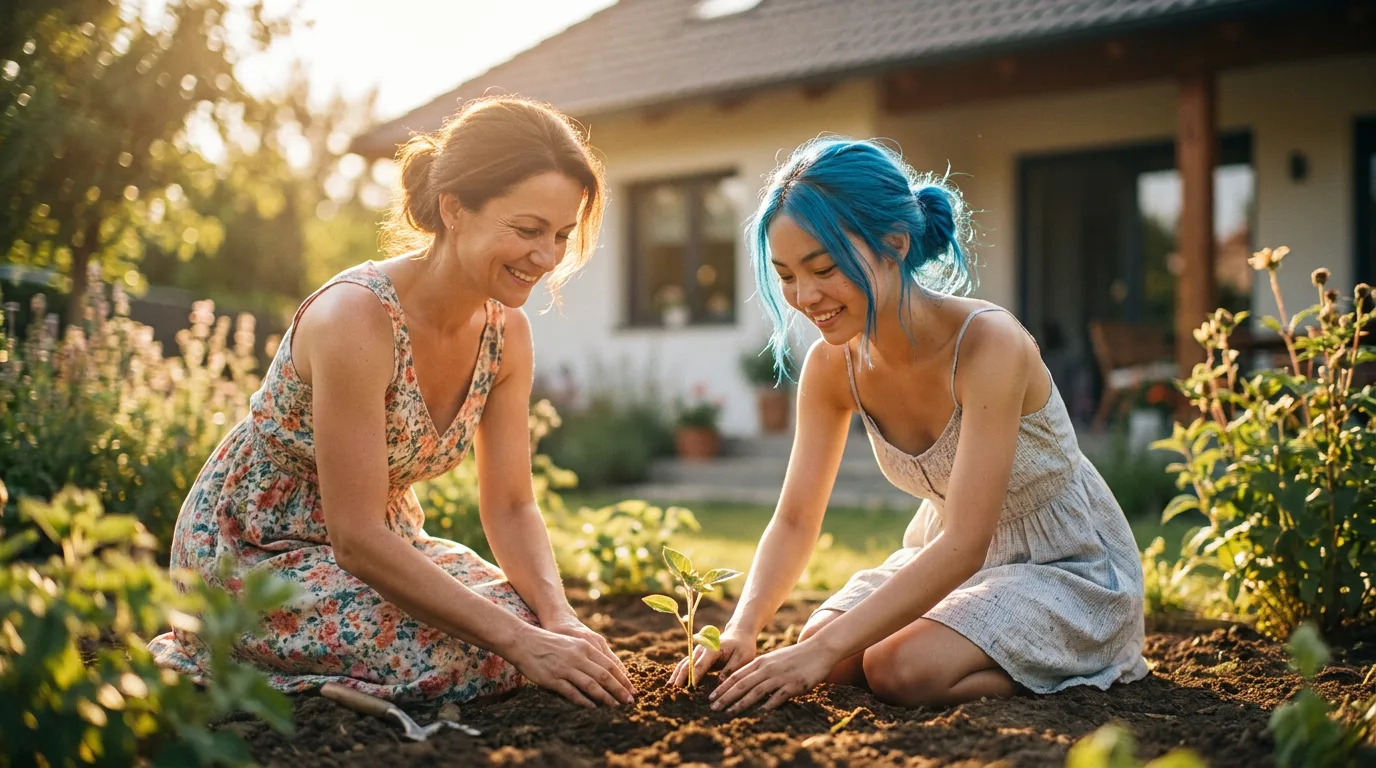 In a realistic style two women are planting