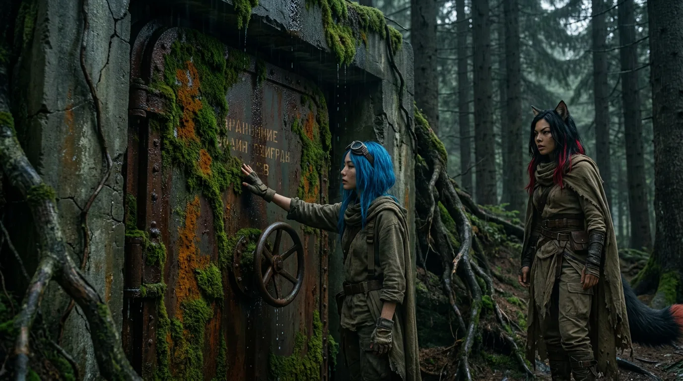 Aika's hand rests on the vault's cold metal, the strongest cryo-signature in 300 years pulsing beneath her fingers. Beside her, Akari's gaze is fixed on the door, while Hina's eyes scan the surrounding terrain. The air is heavy with the scent of metal and the faintest hint of moss, a reminder of the world beyond the vault's door.