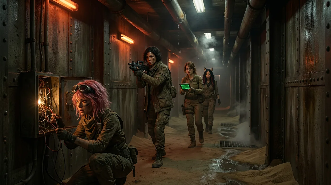 Aika's hand traces the cold metal door of the Carpathian Vault, the strongest cryo-signature in 300 years, as the crew's weary eyes, Hina's, Komi's, Akari's, and the others', strain against the dust-filled air. The metal-smell of the vault's walls clings to their breath, and the sand beneath their feet seems to whisper secrets of the long-abandoned world. Aika's eyes flicker to the CORE7 broadcast rig, a lifeline to the past, as the crew stands poised on the ridge above, the antechamber's door a threshold to the unknown.