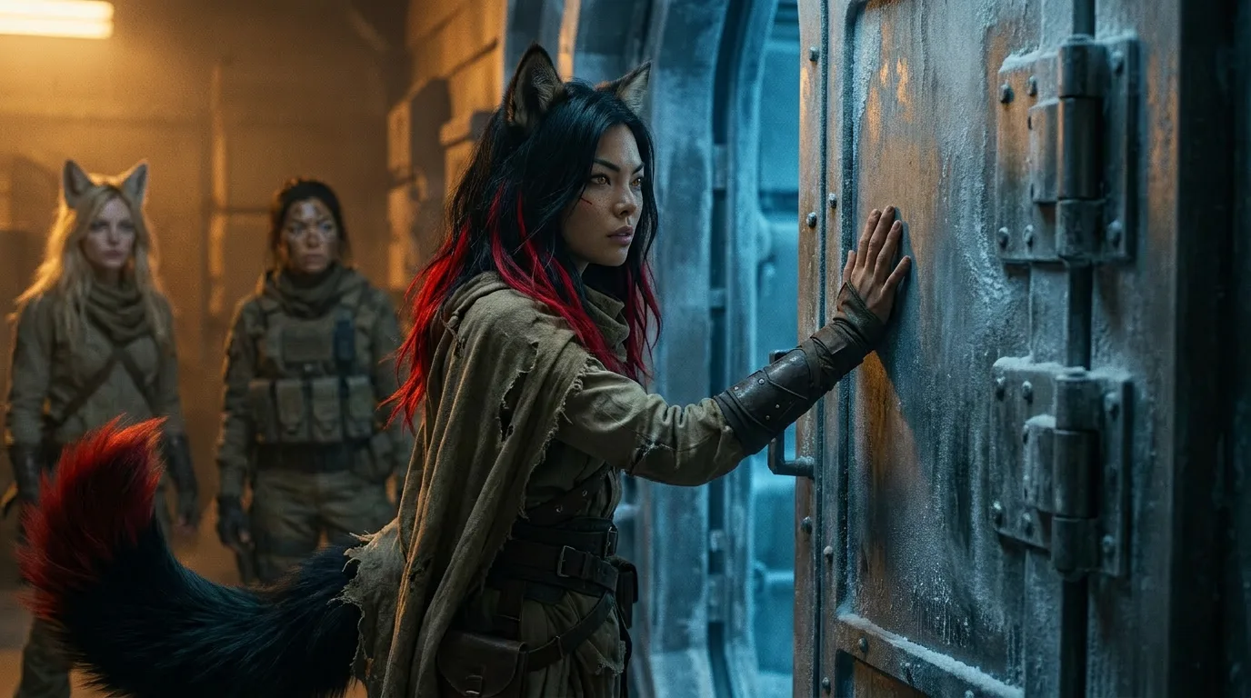 The Vespera crew, led by Aika, stands atop the Carpathian Vault, the strongest cryo-signature in 300 years. Aika's hand rests on the cold metal, her eyes fixed on the door, as Akari and Hina stand watch. The air is heavy with the scent of metal and sand, a reminder of their journey through the radioactive desert. The crew's breath mingles with the hum of the CORE7 broadcast rig, a beacon of hope in a desolate world.