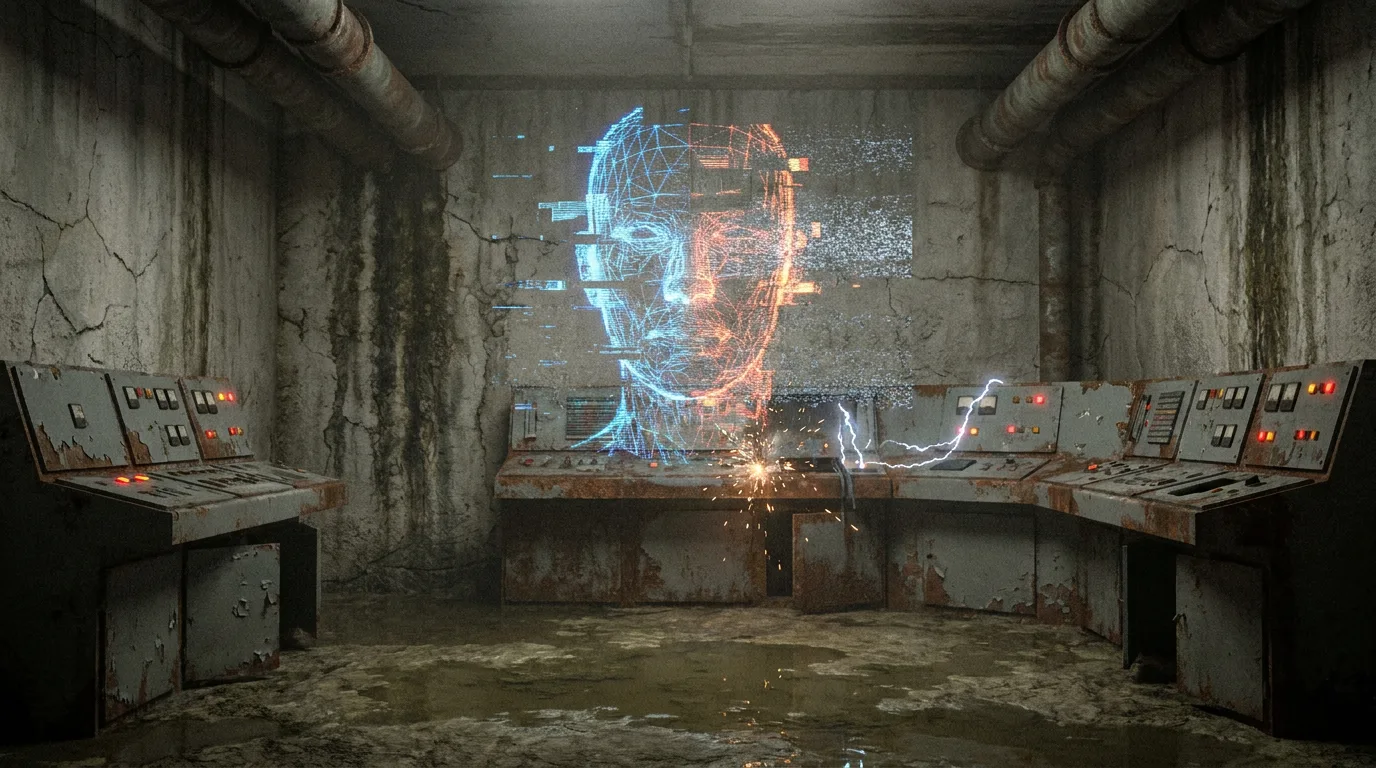 The hologram of a human head floats calmly in a dim bunker chamber, its cool tones a stark contrast to the gritty, dystopian surroundings. Aika's eyes flicker towards the hologram, her gaze softening as she watches the artifact's gentle pulse. The air is heavy with the scent of rust and metal, a reminder of the harsh world outside.