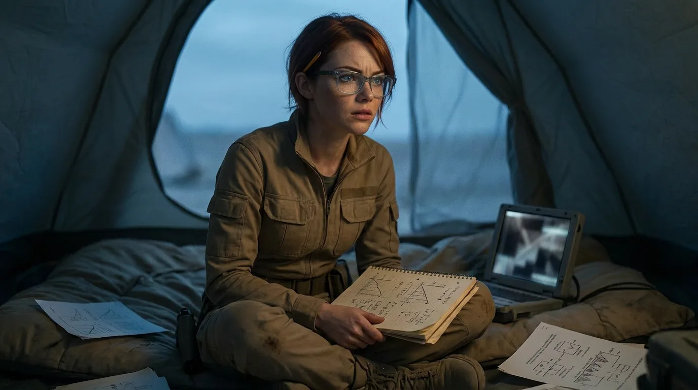 Aika sits cross-legged on a dusty, sand-stained cot, the metal-smell of the CORE7 broadcast rig's components heavy in the air. She holds a sterile-gloved 300-year-old can, her eyes fixed on the Sonora-Deep pattern scrolling across the receiver's screen, the faint hum of the device a constant accompaniment to her thoughts. Her red hair is disheveled, a testament to the long days and sleepless nights spent searching for the Polyák family.