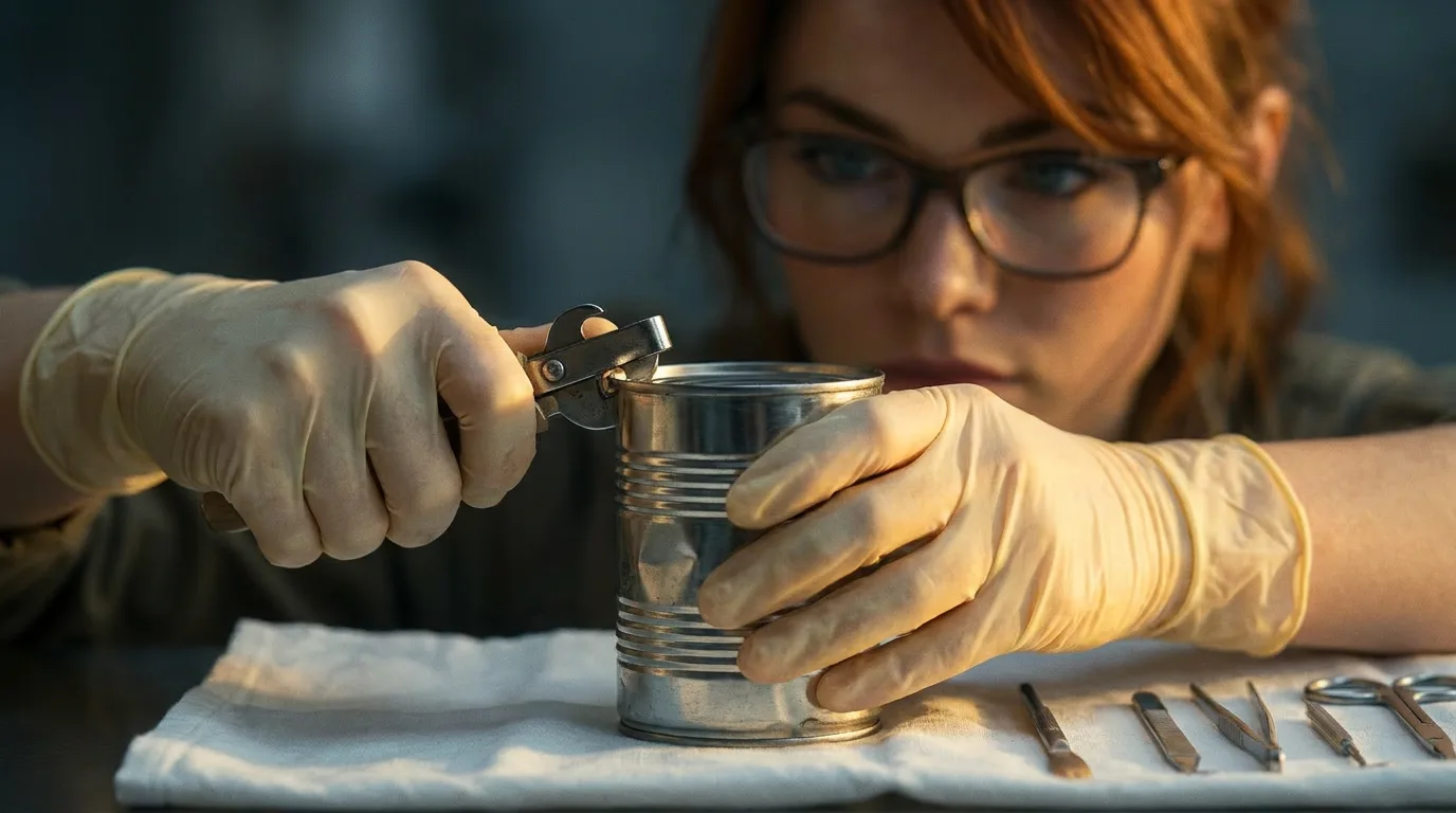 A woman with red hair and glasses wearing sterile gloves holds a can in her gloved hand, as she works to open it with a can opener. The can is small and metallic, and the woman's face is focused on the task at hand. She is surrounded by tools and equipment, and the atmosphere is one of quiet determination. The woman is komi, and she is working on decoding the Sonora-Deep pattern from the MAMA-net receiver.