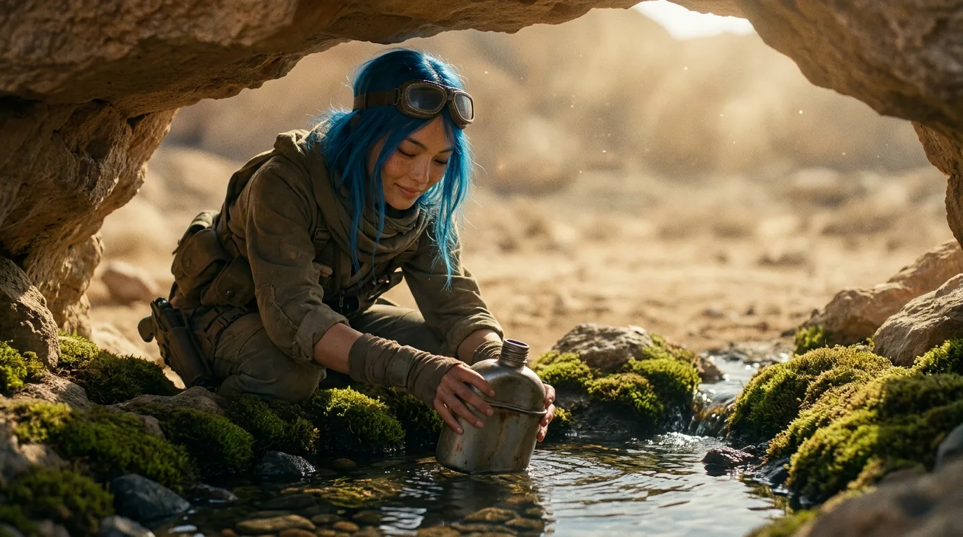 The sun's rays pierce through the rocky crevice, illuminating the Vespera crew's latest discovery. Aika, her blue hair a striking contrast to the desolate surroundings, kneels beside a small stream, carefully collecting water in a canteen. The air is heavy with the scent of metal and radiation, but Aika's eyes gleam with a mix of exhaustion and hope as she documents the find, her CORE7 rig at the ready to broadcast their latest discovery to the Polyák family.