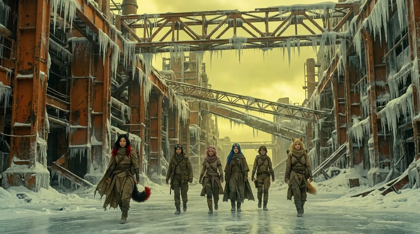 The crew's worn boots crunch over the icy ground as they walk through the abandoned factory, the metal's acrid smell filling their lungs. Aika's breath mingles with the chill air, her eyes fixed on the path ahead. The rusted structures loom around them, a reminder of the world they've lost. The group moves in silence, their footsteps echoing off the walls, each step a testament to their unyielding resolve.