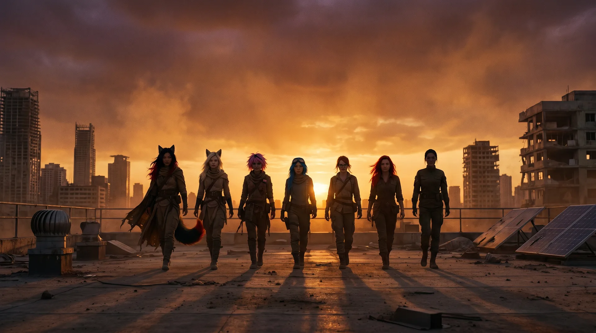 The sky's orange glow casts a melancholic light as the crew walks together, their footsteps echoing off the lab roof. Aika's first body breathes deeply, the air thick with the smell of metal and sand. The moment is bittersweet, a reminder of the world they've lost and the journey that lies ahead. Polyák-papa's entry into cryo looms, a beacon of hope in the desolate landscape.
