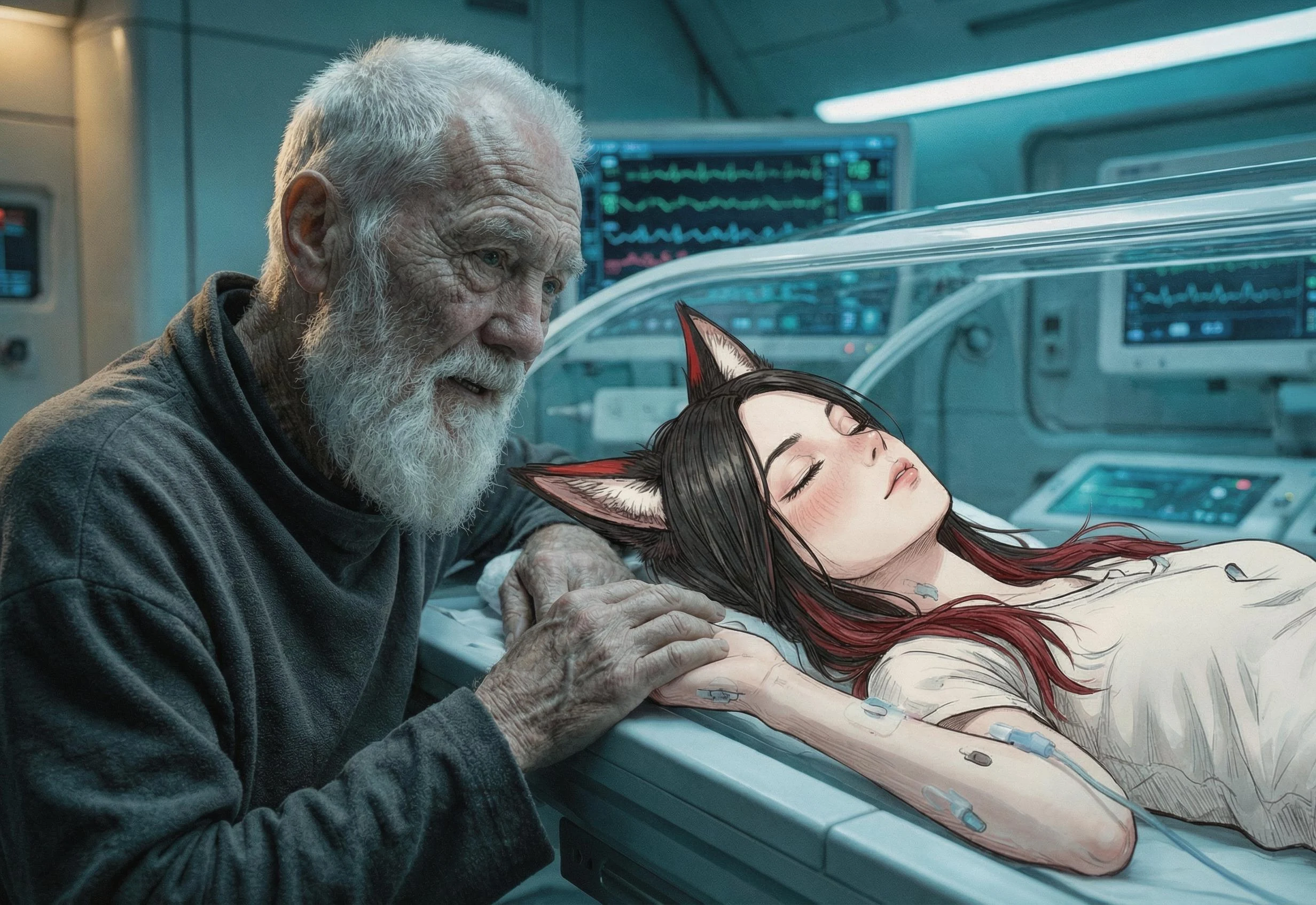 Aika's body breathes for the first time, its chest rising and falling with a soft whoosh. Polyák-papa's eyes, sunken with the weight of 300 years, gaze down at his daughter, his hand resting on her arm. The air is heavy with the scent of metal and the hum of machinery, a stark reminder of the desolate world they've inherited.
