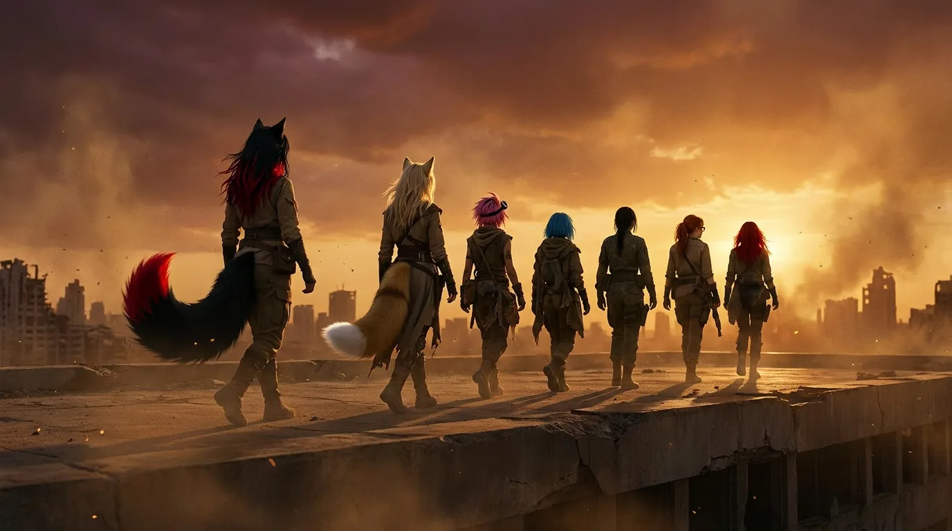 The sun dips below the horizon, casting a golden glow over the desolate wasteland. Aika's fingers dance across the portable CORE7 broadcast rig, as if the familiar motion brings solace to the weary Vespera crew. The group stands united, their eyes fixed on the distant horizon, where the remnants of civilization once stood. The air is heavy with the metallic tang of radiation and the weight of their unspoken hopes.