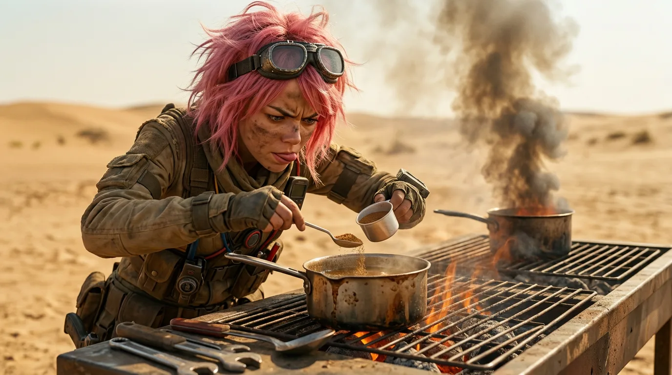 Aika crouches in the dusty expanse, her pink hair a stark contrast to the barren landscape. She stirs a pot on the portable grill, her goggles perched atop her head, as she breathes in the acrid scent of burning metal. Her eyes, weary from the years of wandering, flicker with a hint of hope as she tends to the meal, a small comfort in the vast, radioactive desert.