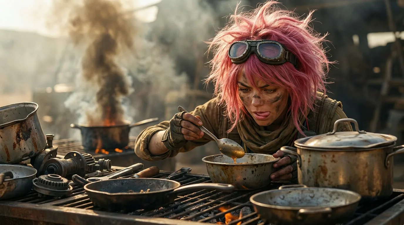 Aika crouches beside a smoldering fire, her eyes scanning the horizon as she cooks on a makeshift grill. The air is thick with the smell of smoke and metal, a familiar scent after years of wandering the radioactive wasteland. Her breath is steady, her focus fixed on the task at hand, as she searches for any sign of the Polyák family.