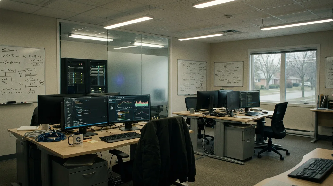 The sand-covered office desk is a stark reminder of the passing of time. The modern computers and monitors are shrouded in dust, their screens dark and unresponsive. Aika's portable CORE7 broadcast rig hums softly in the corner, a beacon of hope in a desolate landscape. The crew's presence is palpable, their footsteps echoing through the empty space.