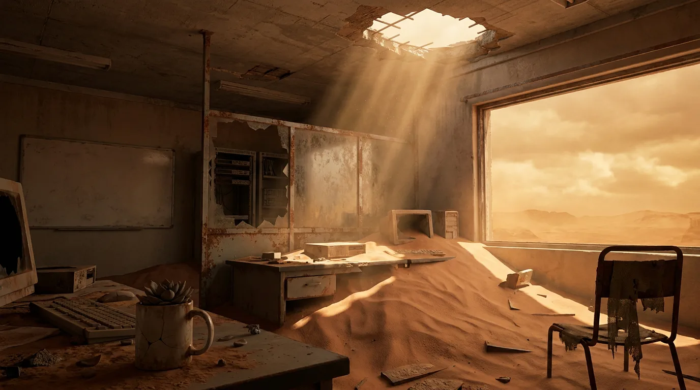 Aika's eyes, hidden behind the CORE7 rig's visor, scan the ruins of an old office. Sunlight seeps through the hole in the ceiling, casting a warm glow on the dusty floor. The air is heavy with the smell of metal and decay. Aika's breath is the only sound in the stillness, as they stand amidst the remnants of a world long gone, their mission to find the Polyák family still unwavering.
