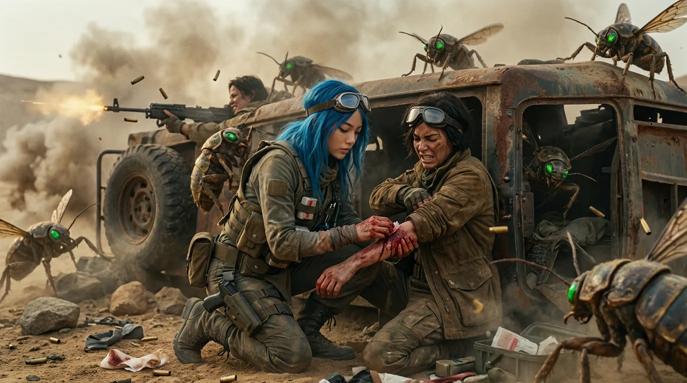 The desert sand whips against Aika's face as she squints, eyes scanning the horizon for any sign of the Polyák family. Beside her, Rika crouches, her eyes locked on a beetle perched in Yui's hair, the two of them sharing a quiet moment amidst the chaos of their search. The air is thick with the metallic scent of rusting metal, and the only sound is the soft hum of the CORE7 rig.