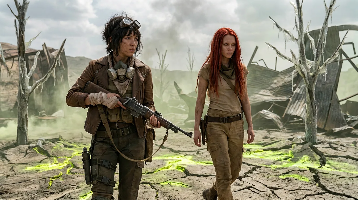 Aika's breath is steady as she focuses on the broadcast rig, her eyes darting to Rika and Yui as they move in tandem across the dusty wasteland. Rika's hands are wrapped in bandages, and she holds a rifle close to her chest, while Yui's red hair flows behind her like a banner. The air is heavy with the scent of metal and radiation.