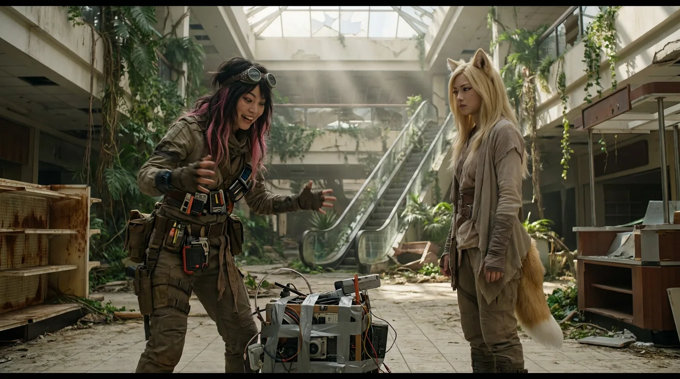 Rika and Aika stand amidst the desolate landscape, their eyes locked in a shared task. Aika's fingers dance across the CORE7 rig, while Rika's gaze remains fixed on the device, her expression a mix of intensity and focus. The air is heavy with the scent of rust and ozone, the only sound the soft hum of the equipment.