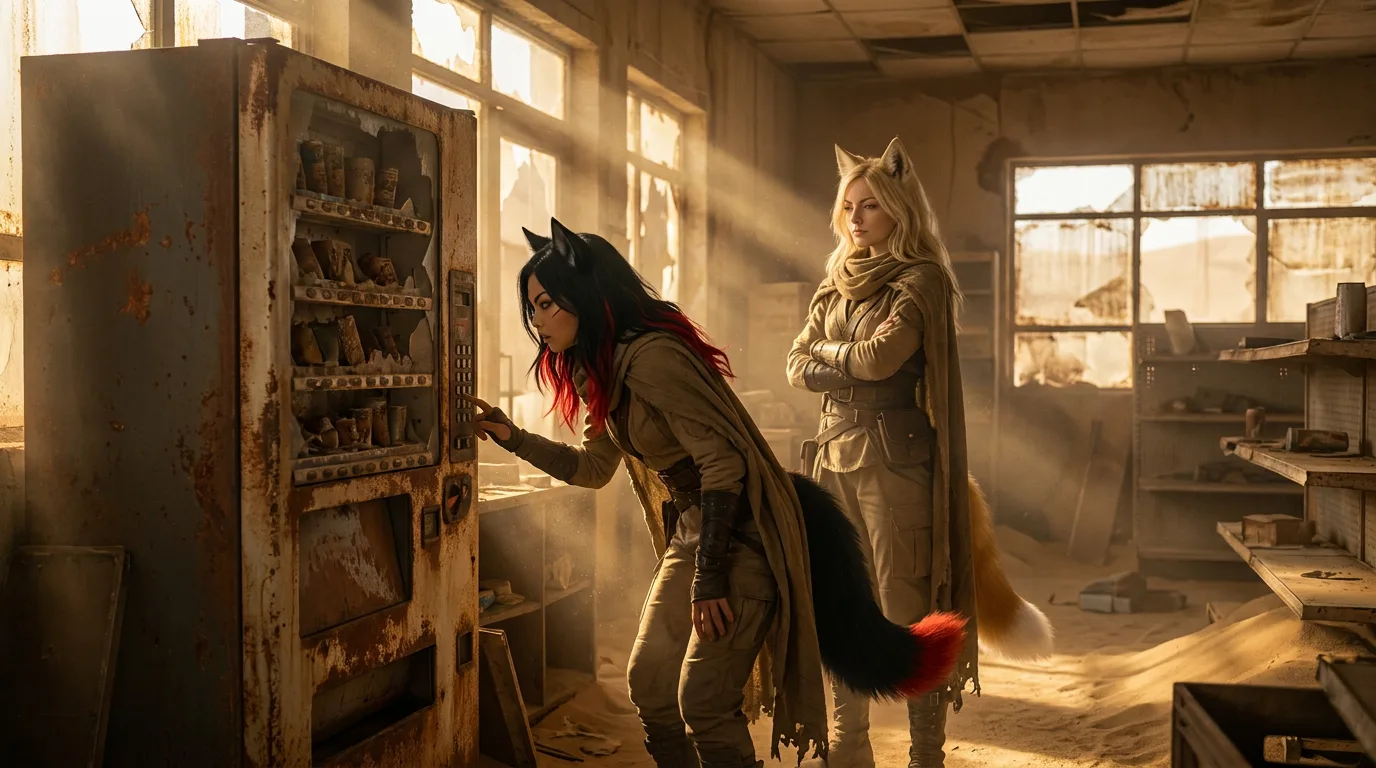 Rika and Yui stand in a dusty, post-apocalyptic workshop, their eyes fixed on a worn vending machine. The air is thick with the scent of metal and radiation. Rika's gaze is intense, while Yui's expression is a mix of curiosity and amusement. The sound of their breathing and the creaking of the old machine fill the silence.