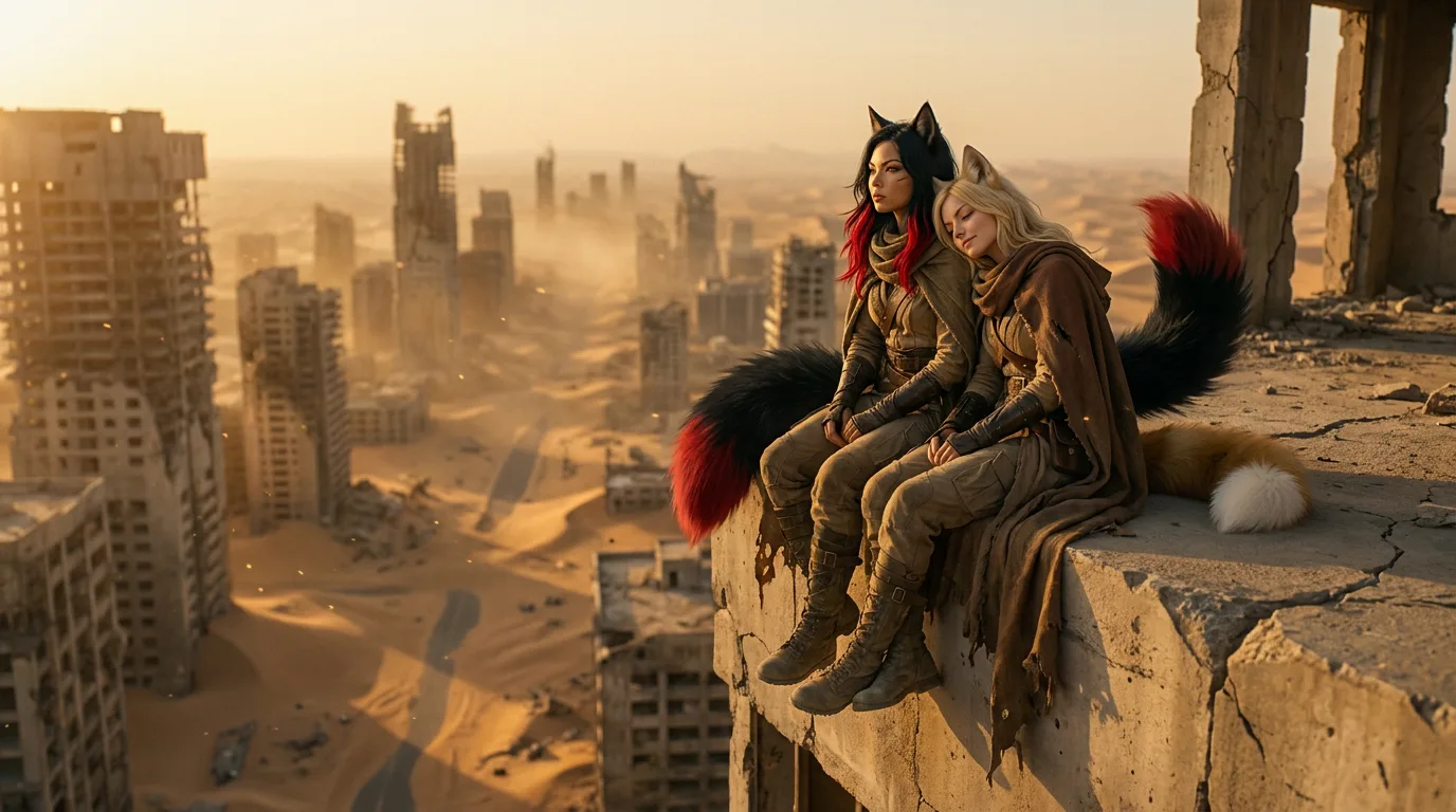 Aika and Rika sit atop a crumbling concrete wall, overlooking the desolate desert cityscape. The warm sunlight casts a melancholic glow, accentuating the worn, weathered expressions on their faces. The air is heavy with the metallic scent of decay, and the only sound is the soft hum of Aika's portable CORE7 broadcast rig, a beacon of hope in the vast, barren landscape.
