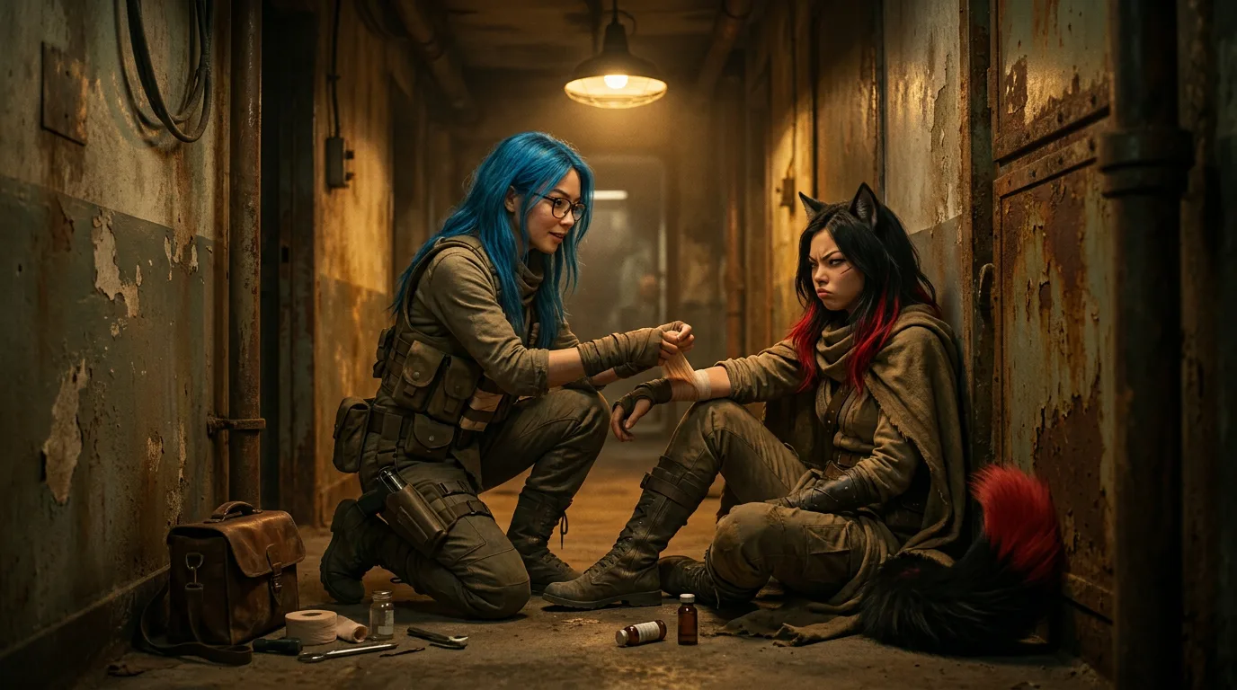 Aika's blue hair stands out as she kneels beside Rika, who sits against the wall. The dimly lit hallway, with its peeling green paint and rusty metal, seems to whisper the weight of their journey. Aika's hands, stained with the dirt of countless days, gently wrap a bandage around Rika's wrist, a gesture of care in a world where survival is a daily battle. The silence between them is a testament to their bond, forged in the harsh realities of their quest.