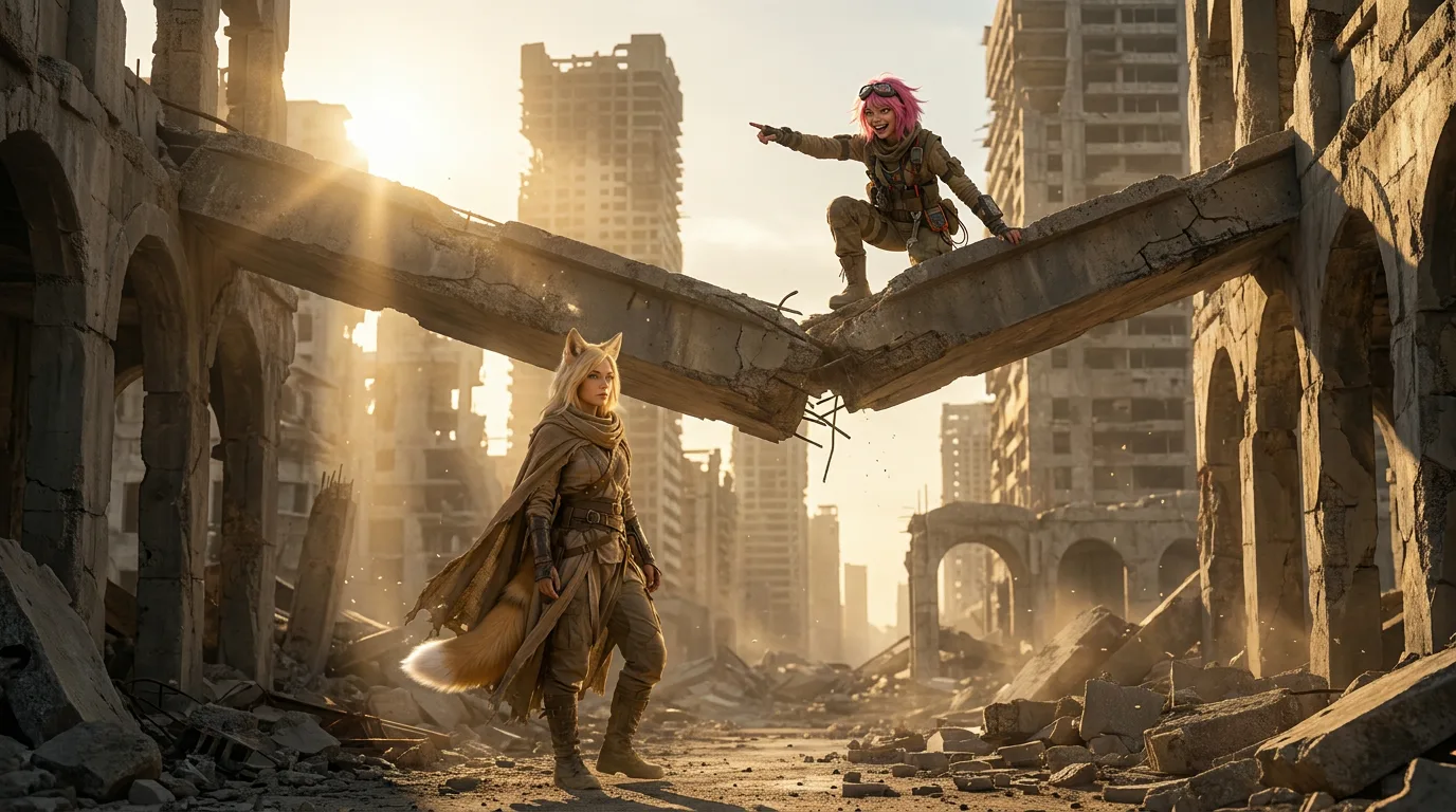 Akari's feet sink into the sand as she walks, her eyes scanning the desolate landscape. The ruins of a city loom behind her, the skeletal remains of buildings a testament to the devastation that has ravaged the earth. In the distance, a figure with blonde hair and a fox head emerges from the rubble, their movements fluid and deliberate. The air is thick with the acrid smell of radiation, but Akari's gaze remains fixed on the stranger, her expression a mix of curiosity and caution.
