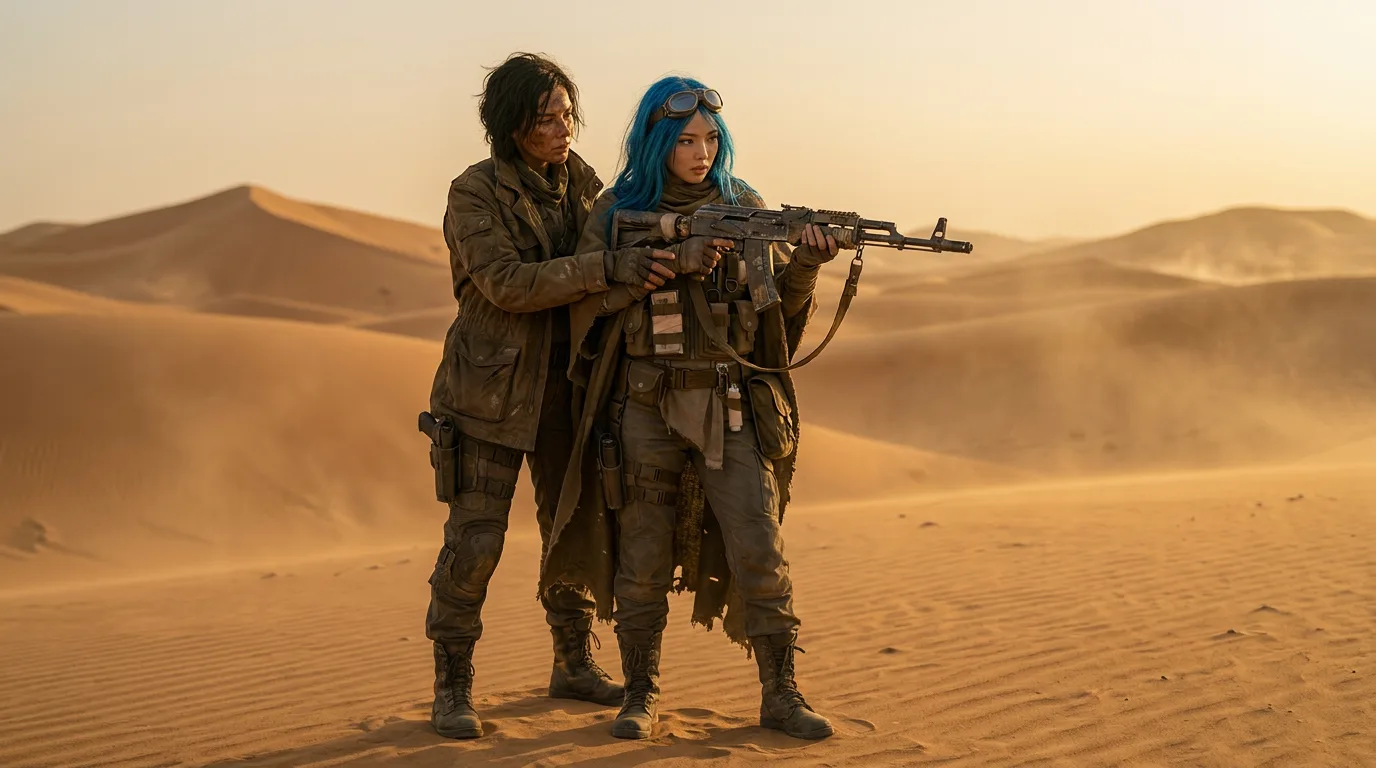 Akari and Hina stand back-to-back, scanning the desert horizon. Akari's CORE7 rig is silent, her eyes squinting against the sun. Hina's rifle is slung over her shoulder, her hand resting on the grip. The sand beneath their feet is cool, the only sound the distant hum of the CORE7 broadcast rig. They're a team, a pair, a unit, a family. They've been together for 300 years, and they know each other's rhythms. They know when to watch, when to wait, and when to act. They're a force to be reckoned with, a duo that's been forged in the fire of the apocalypse.