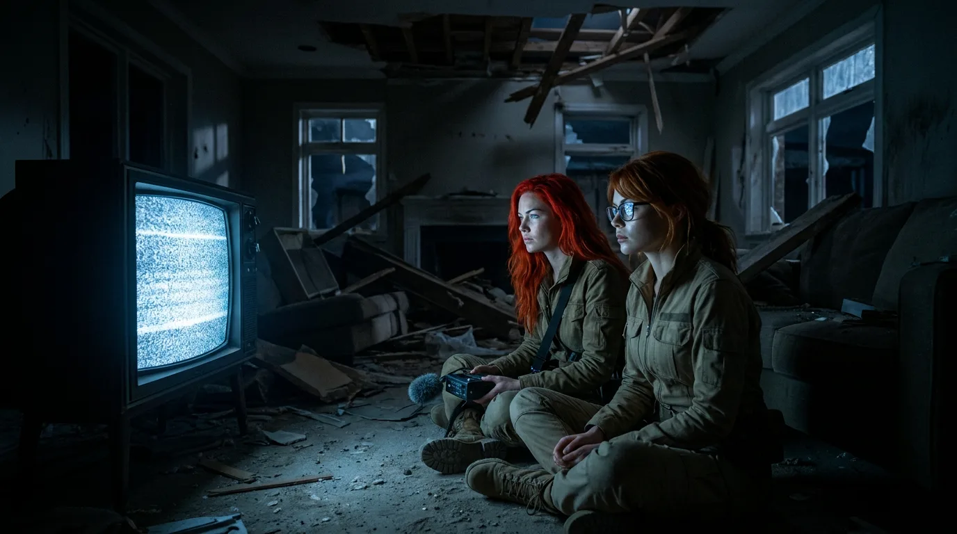 Aika and miyu sit on the floor of their dwelling, hina's portable CORE7 broadcast rig resting on her lap. The room is dimly lit, the only sound the soft hum of the rig and the distant creak of metal. Aika's eyes are fixed on the broadcast, her face a map of concentration, while miyu's gaze drifts to the horizon, her eyes red-rimmed from lack of sleep. The silence between them is a heavy thing, a testament to the weight of their years together.