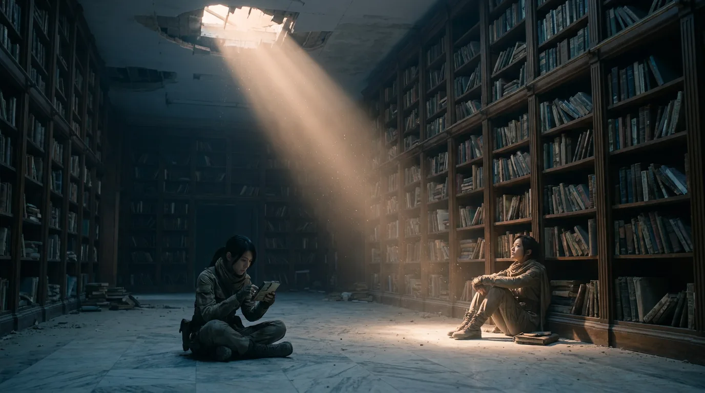 Aika's soft hum fills the air as she sits cross-legged on the dusty floor, her portable CORE7 rig a gentle companion beside her. Miyu, her biological counterpart, sits in front of her, their eyes locked in a moment of quiet understanding. The dusty air is heavy with the weight of centuries, yet their tender connection is a beacon of hope in this desolate world.