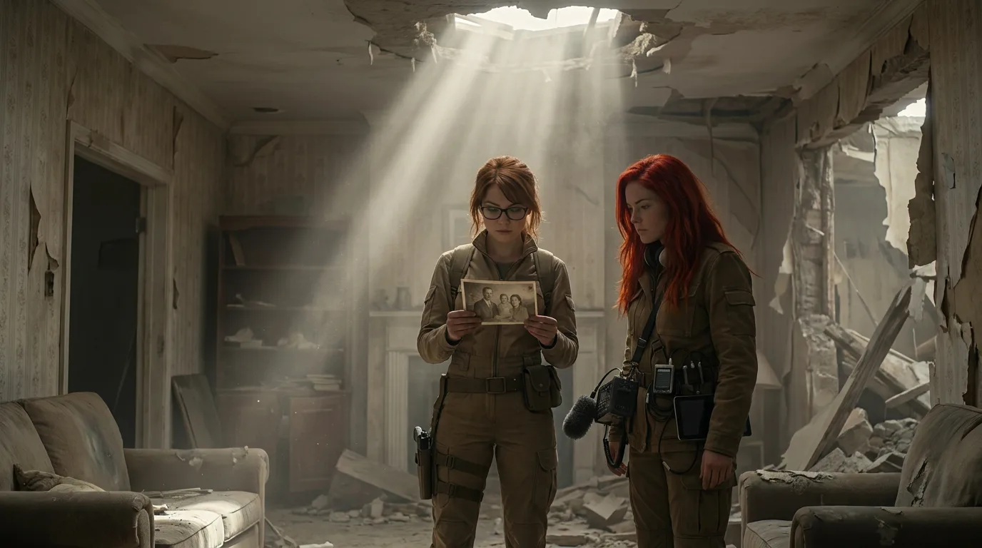 Aika and hina stand together, the dim light of the CORE7 rig's broadcast casting a warm glow on their faces. The dust of the desert swirls around them, the only sound the gentle hum of the equipment. hina's hand brushes against Aika's, a moment of quiet closeness in the vast expanse of the wasteland.