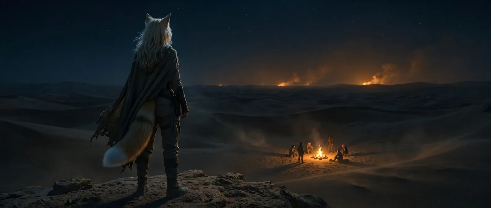 The girl's gaze stretches out across the desolate wasteland, her eyes squinting against the dusty haze. Aika's broadcast rig hums softly behind her, its presence a reminder of the crew's relentless search for the Polyák family. The stars above twinkle like distant diamonds, a stark contrast to the barren, radiation-scarred landscape that stretches out before her.