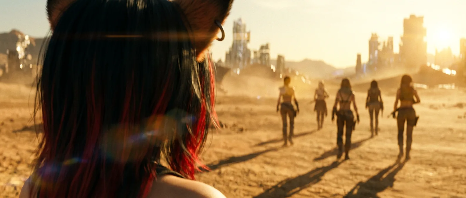 Aika's shadow stretches out on the sand as she scans the wasteland, the sun beating down on her black hair. Ahead, a group of women in makeshift armor trudge through the desert, their metal-smelling gear and worn boots a testament to their struggle. Aika's breath catches in her throat as she watches them, her eyes fixed on the horizon. Akari and Hina move in close, their eyes locked on the group, ready to respond to any threat.