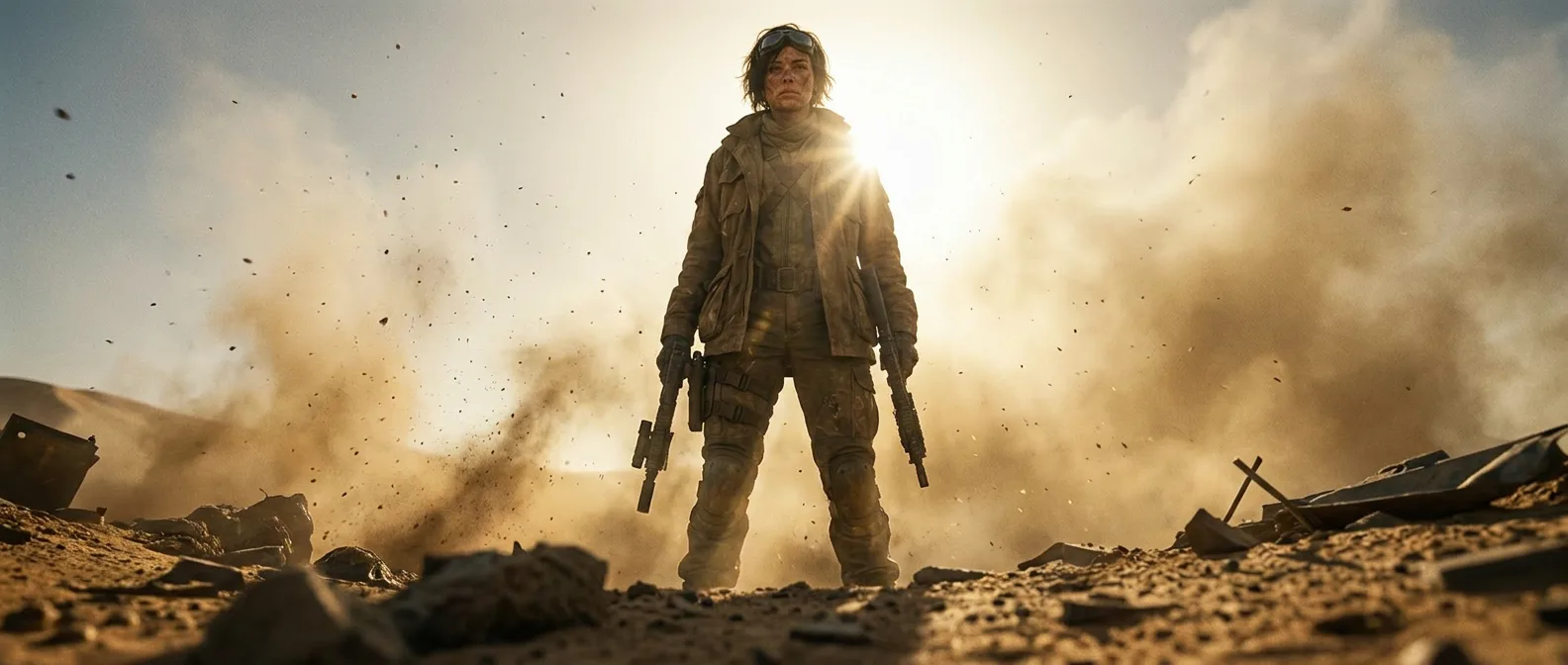 Aika's lens focuses on the girl, her gaze mirroring the dusty, barren landscape. The girl's eyes, shielded by goggles, scan the horizon as she stands amidst the ruins, her rifle at the ready. Aika's rig hums softly in the background, a reminder of their mission to find the Polyák family amidst the desolate wasteland.