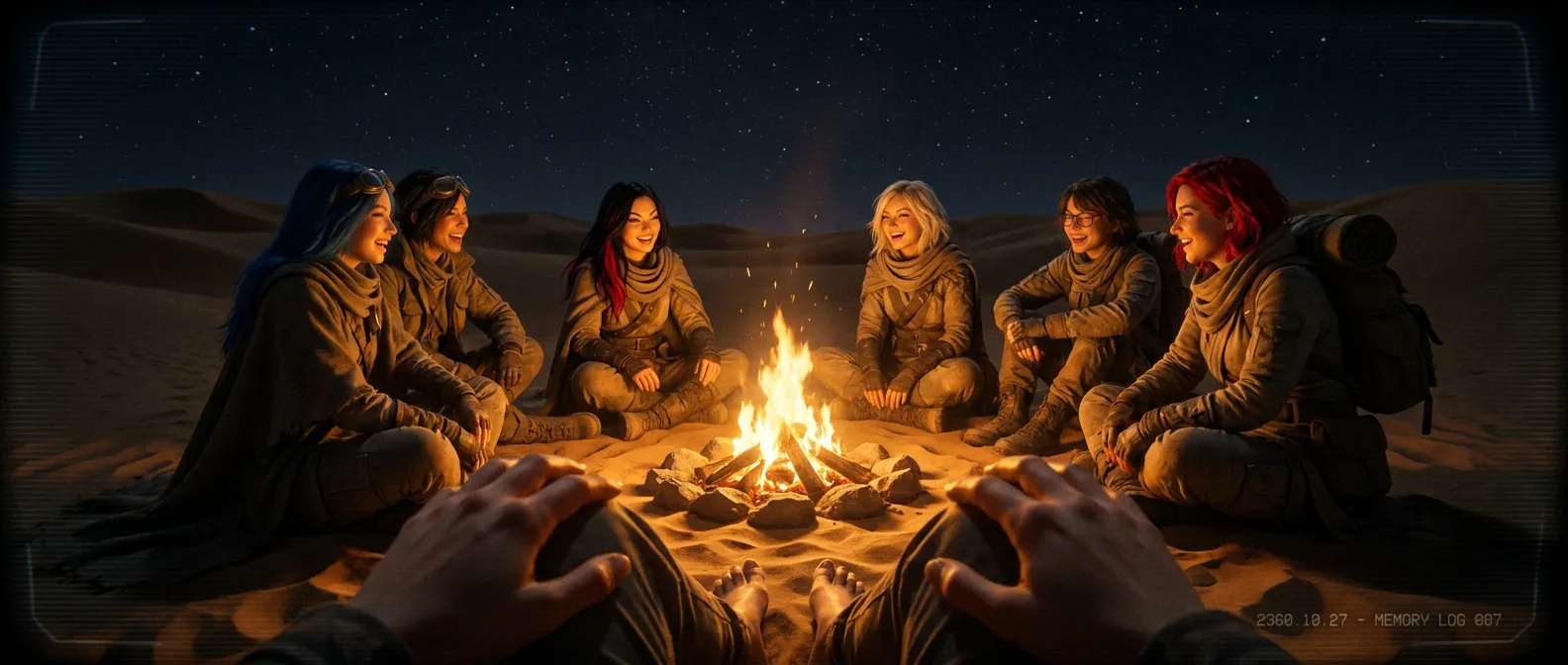 The fire crackles, casting a warm glow on the faces of the seven crew members. Aika's hands, clad in worn gloves, hover over the flames, while Rika's feet, bare and dusty, rest on the sand beside her. The desert's dark expanse stretches out behind them, punctuated by the distant hum of the ship. The Vespera crew shares a moment of quiet camaraderie, their laughter and conversation a rare respite from the vast, unforgiving landscape.
