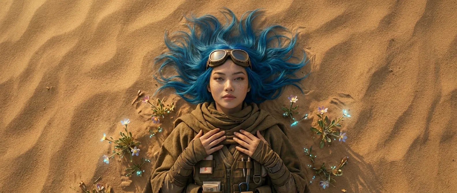 Aika's eyes flutter open, the dry sand of the desert floor gritty against her eyelids. She lies on her back, the warm sun beating down on her face, the air thick with the metallic scent of the CORE7 broadcast rig. The wind stirs the sand, carrying the faint hum of the rig, as miyu's voice whispers in her ear, "Aika, wake up. We have to keep moving." Aika's gaze drifts to the small, delicate flowers sprouting from the sand, their petals a vibrant blue, a reminder of the beauty that still exists in this harsh world.