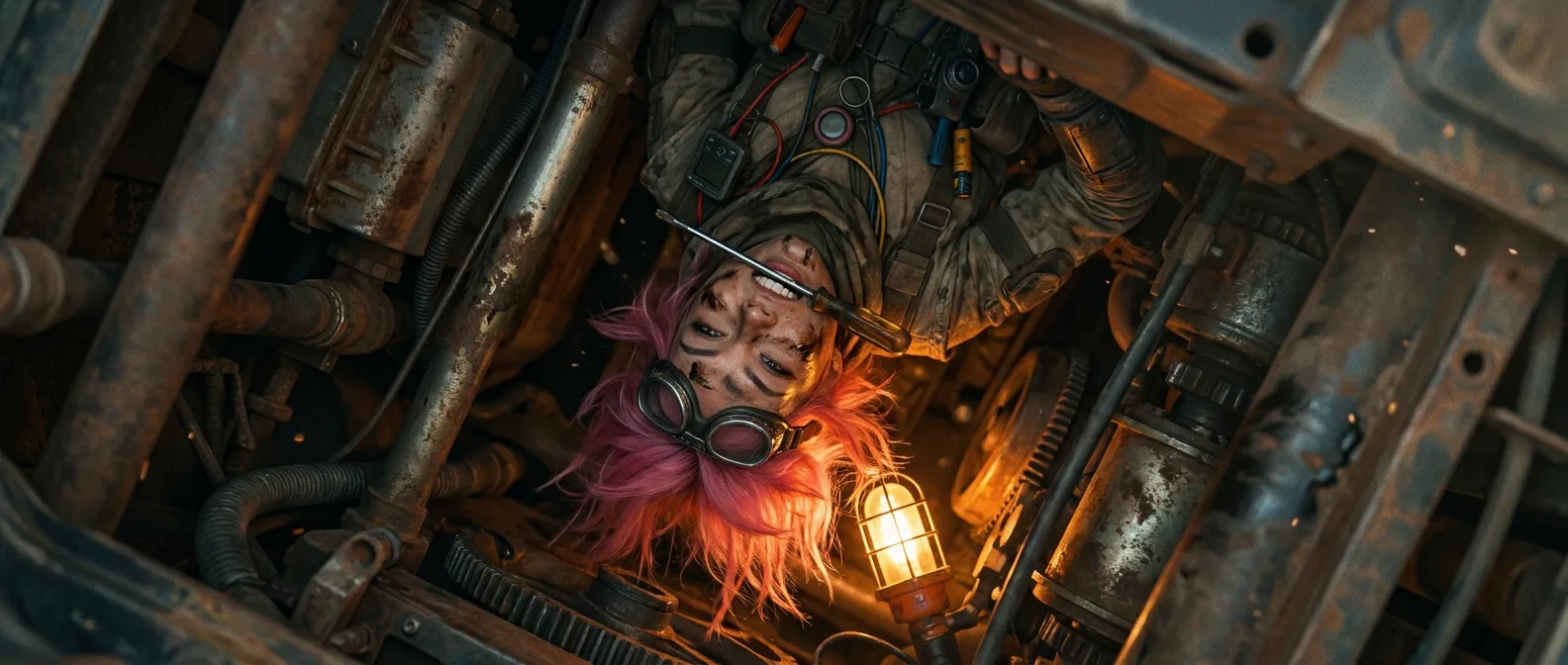 The gritty industrial landscape stretches out before me, a desolate expanse of rusted metal and worn machinery. I'm hina, and my gaze falls upon a woman with striking pink hair, her face obscured by goggles as she works amidst the tangled web of pipes and wires. Miyu's voice echoes in my mind, a reminder of our mission to find the Polyák family, and I feel a sense of determination wash over me.
