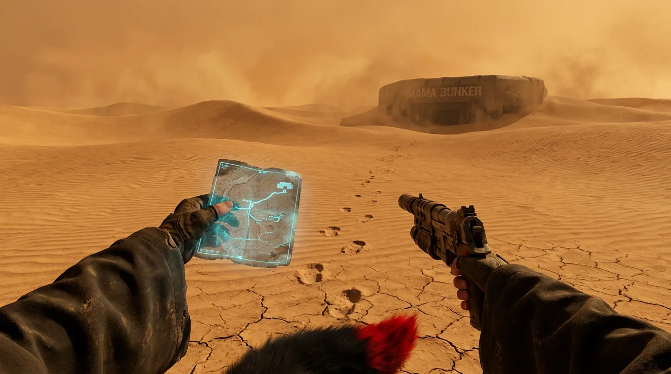 Aika's eyes strain against the dust-choked air as she scans the horizon, her CORE7 rig's hum a steady heartbeat against her chest. The desert stretches out, a seemingly endless expanse of cracked earth and sand. She squints, her gaze drawn to a distant rock formation, the words "MAMA Bunker" etched into its side like a beacon. Her fingers tighten around the rig, her breath coming in short, sharp gasps.