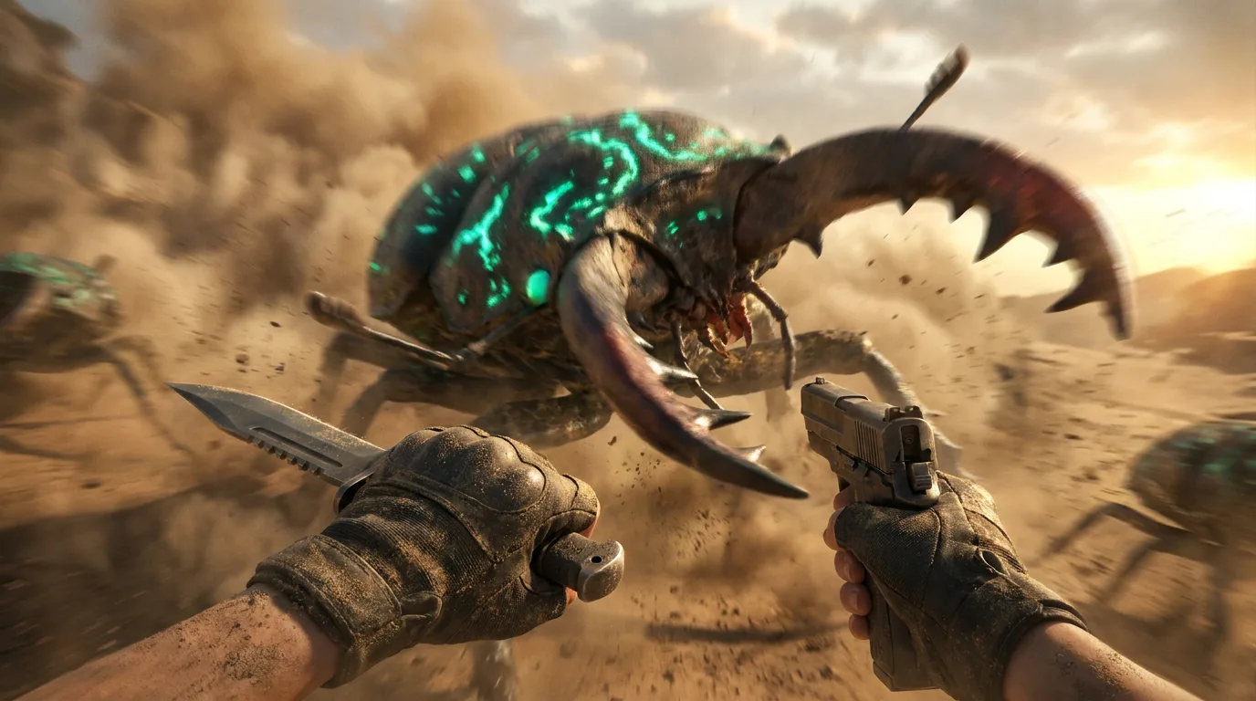 A gritty, photorealistic image captures a moment of tension as the crew navigates the harsh desert landscape. The Vespera crew member, their face obscured by the dust, holds a gun in one hand and a knife in the other, their eyes fixed on a massive, glowing insect-like creature. The air is thick with the metallic smell of radiation and the hum of the CORE7 broadcast rig.