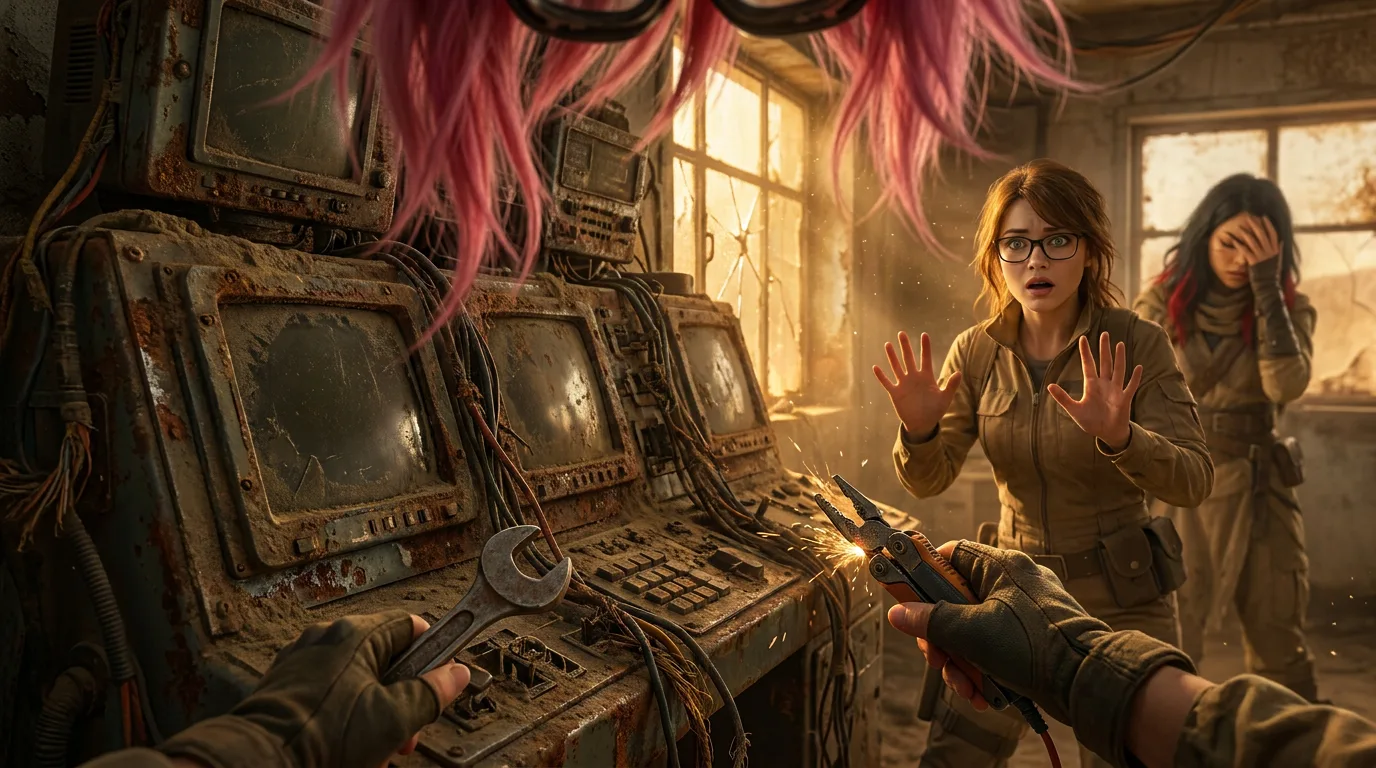Aika's hands, bound in dark leather, tremble as she holds a wrench, her eyes fixed on the rusted console. Akari, beside her, covers her face, while Komisana's gaze lingers on the console, her expression a mix of fear and determination. The air is heavy with the scent of sand and metal, and the only sound is the hum of the CORE7 rig. Aika's breath catches in her throat as she tries to make sense of the cryptic message on the console.